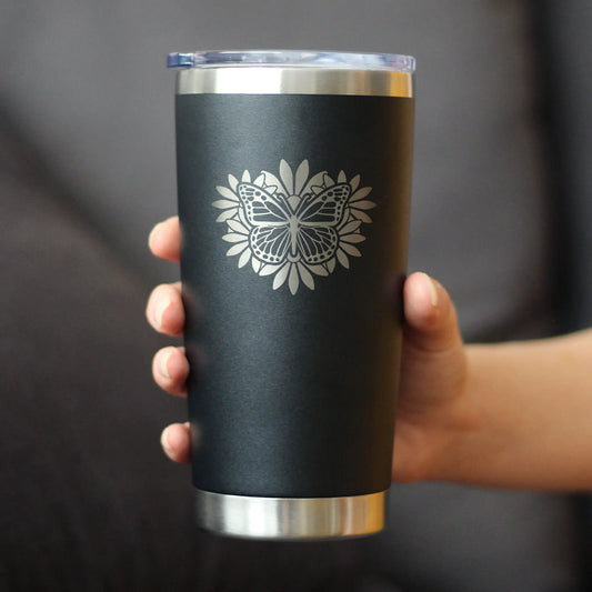 Butterfly 20 oz bevvee coffee tumbler, black matte with sliding lid, white butterfly design on Tampa Home & Garden Store