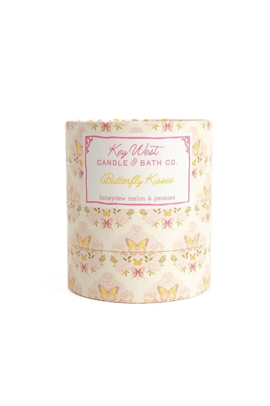 Butterfly Kisses glass candle by Key West Candle & Bath Co honeydew melon & peonies scent pastel pink butterfly pattern on Tampa Home & Garden Store