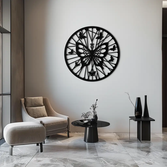Butterfly Mandala Round Metal Wall Art by Enova Art, black finish, modern circular silhouette on Tampa Home & Garden Store