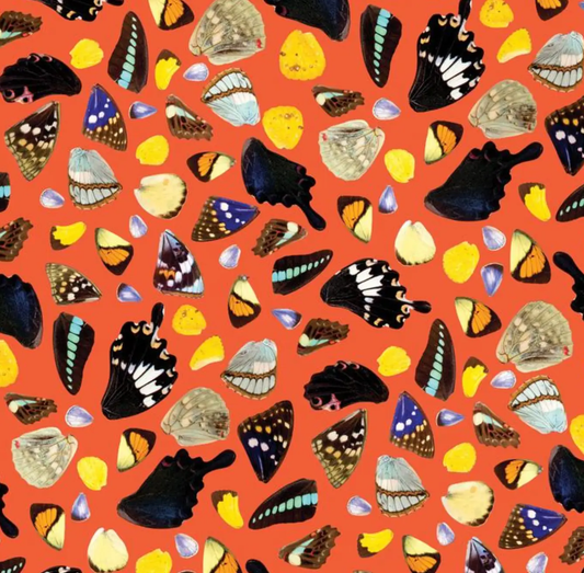 Wallpaper Butterfly Terrazzo in orange with assorted butterfly motifs on Tampa Home & Garden Store