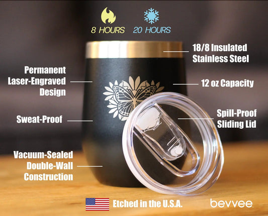 Butterfly Wine Tumbler black 12 oz insulated stainless steel bevvee butterfly design on Tampa Home & Garden Store