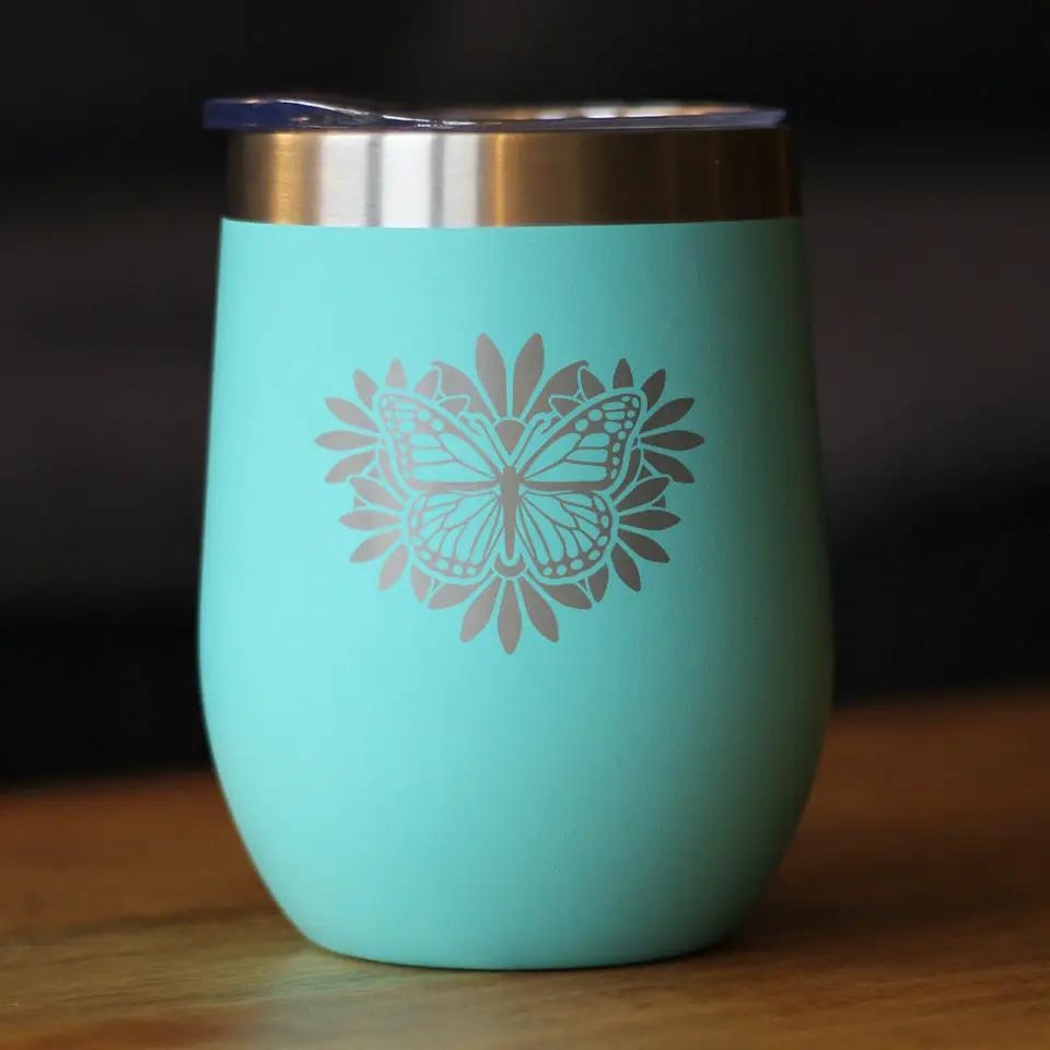 Butterfly Wine Tumbler Insulated 12oz in turquoise with silver butterfly decal on Tampa Home & Garden Store