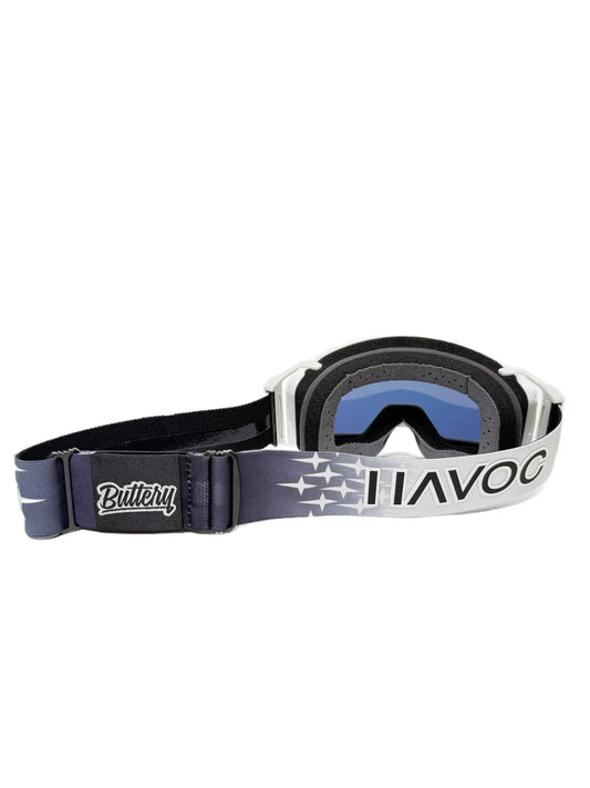 Goggles with blue mirrored lenses and navy removable strap, Havoc and Buttery logos on Tampa Home & Garden Store