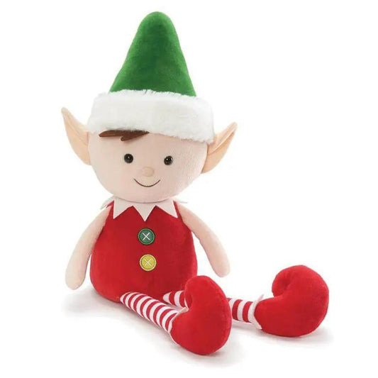 Buttons the Elf Plush, green hat with white trim, red tunic, striped red-and-white legs on Tampa Home & Garden Store
