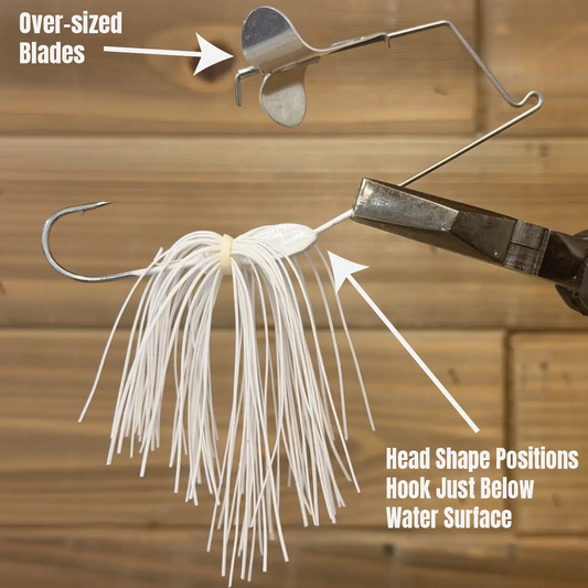 Topwater Buzzbait Extreme Lure by 4x4bassjigs with oversized blades and white skirt on Tampa Home & Garden Store