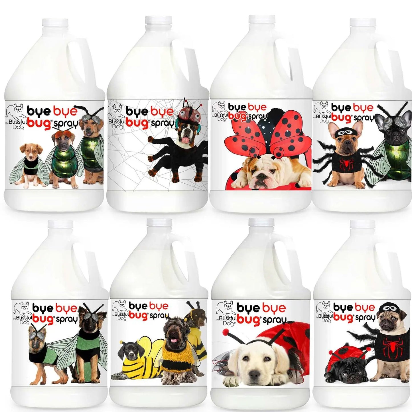 Bye Bye Bug Spray bottle set The Blissful Dog featuring dogs in insect costumes on labels on Tampa Home & Garden Store