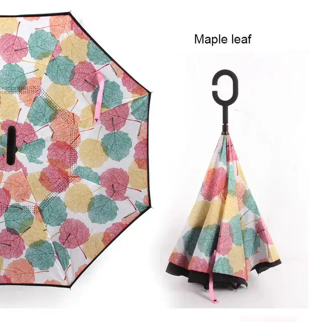 C Handle Windproof Reverse Folding Umbrella with colorful maple leaf pattern open and folded views on Tampa Home & Garden Store