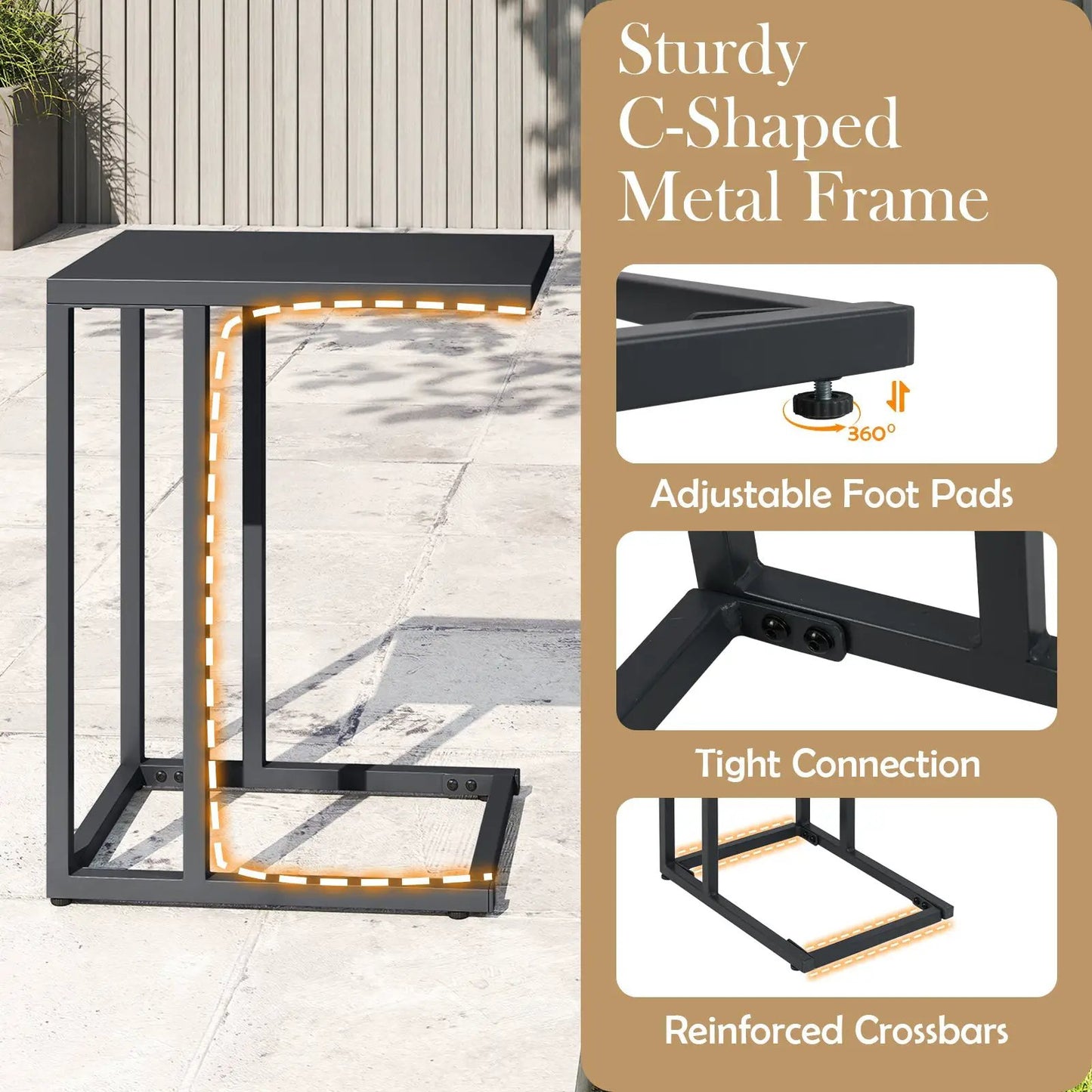 C-Shaped Side Table in dark gray metal with adjustable foot pads DirectDeals End Table on Tampa Home & Garden Store