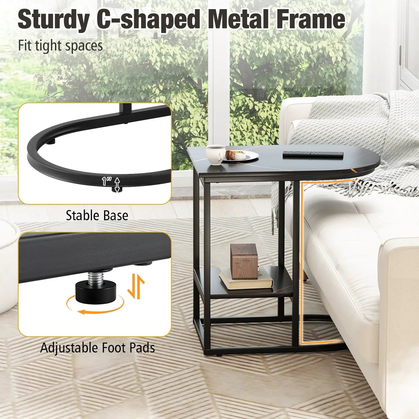 C-shaped Modern Sofa Side Table with Faux Marble Tabletop and Storage Shelf-Black - Tampa Home & Garden Store