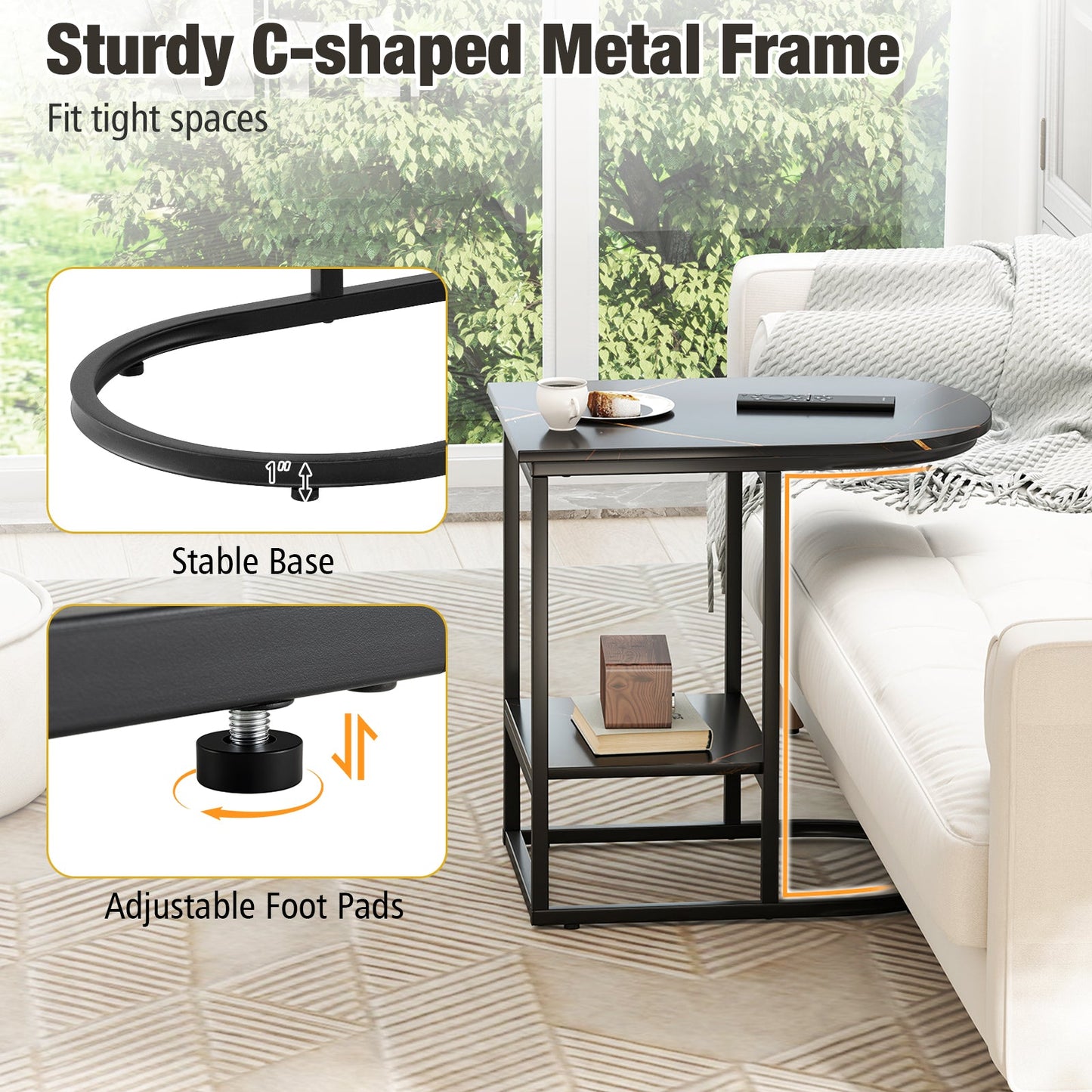 Mesa auxiliar de sofá moderna en forma de C con superficie de mármol sintético y estante de almacenamiento - Negro
