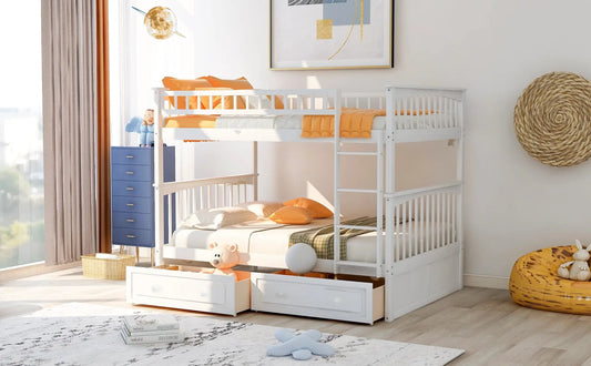 Full Over Full Bunk Bed with Drawers White, white finish and built-in under-bed storage on Tampa Home & Garden Store