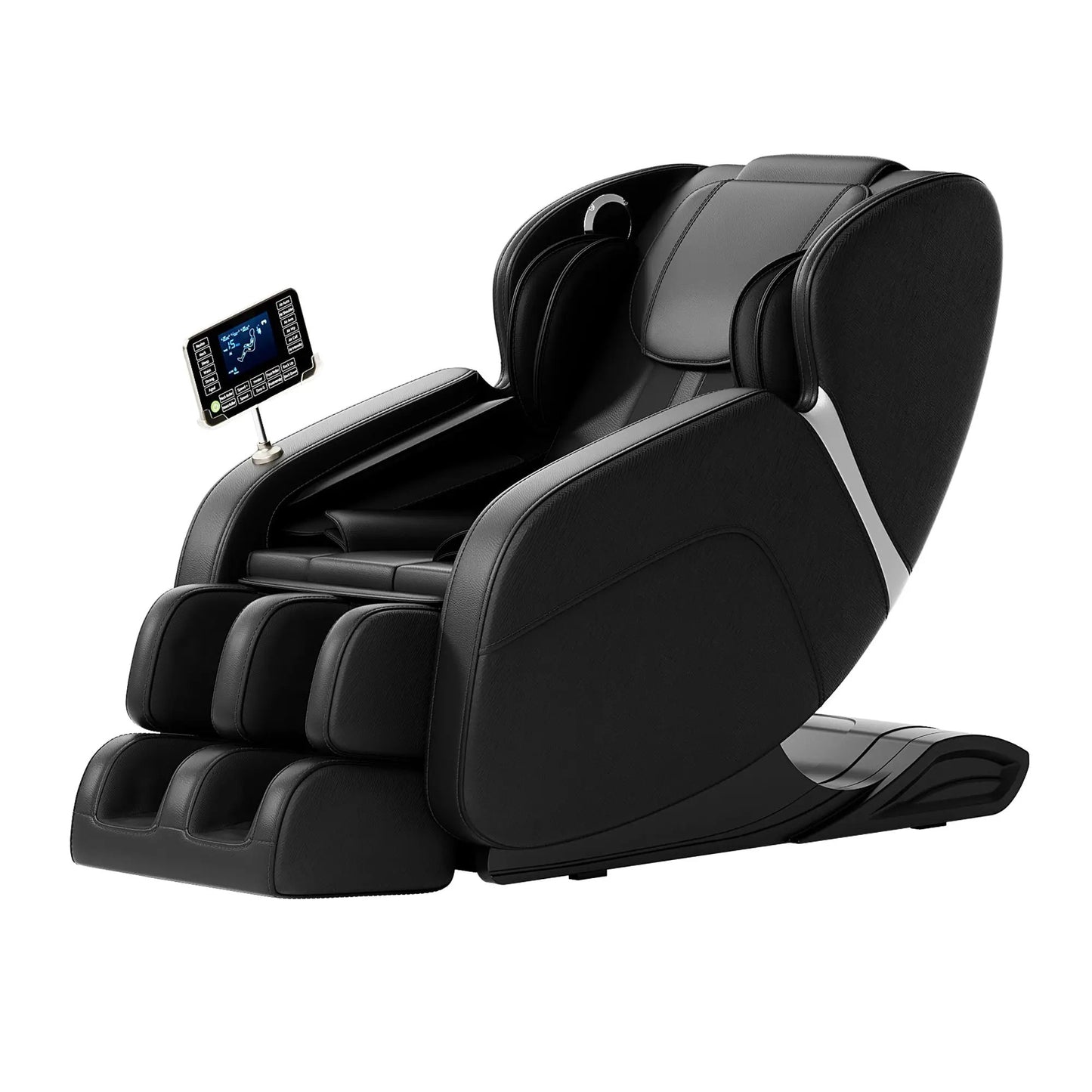 Full body massage chair black with grey leather upholstery and mounted control panel on Tampa Home & Garden Store