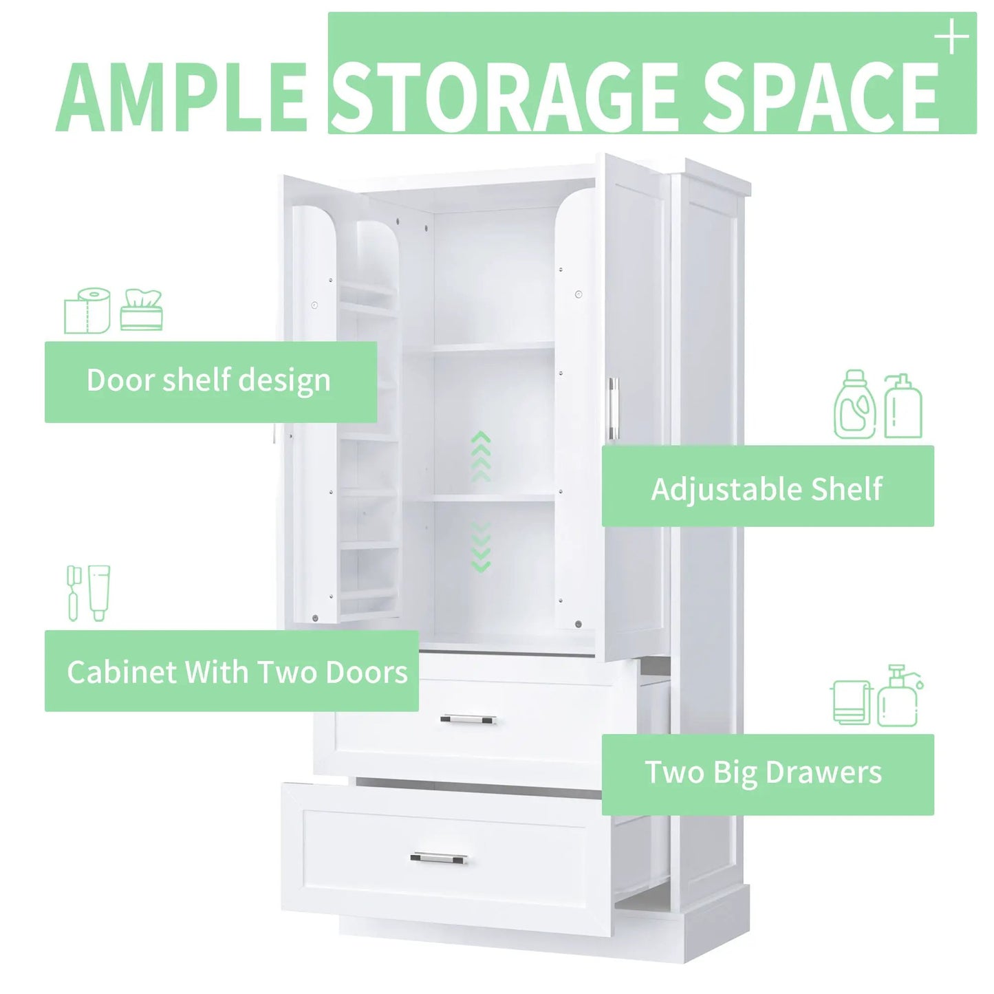 Tall white bathroom cabinet with doors and two drawers, interior shelves by VIP Digital Presence on Tampa Home & Garden Store