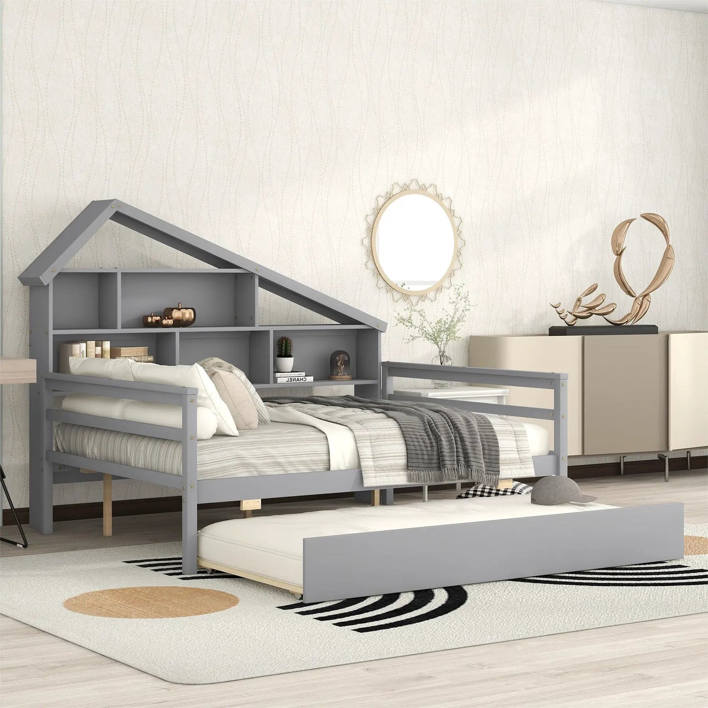Full Size Platform Bed With Trundle Shelves Gray