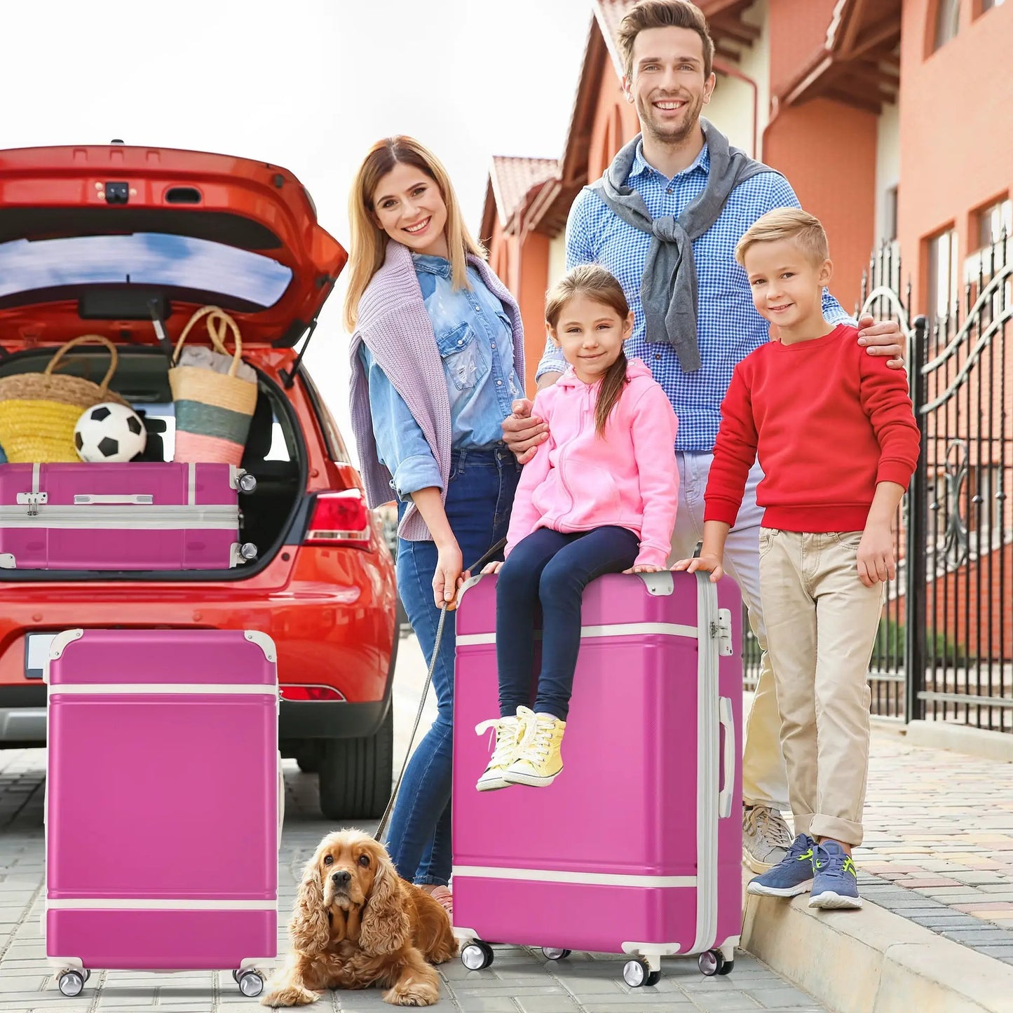 Pink 24-inch expandable suitcase with TSA lock, shown with pink suitcases by a car trunk on Tampa Home & Garden Store