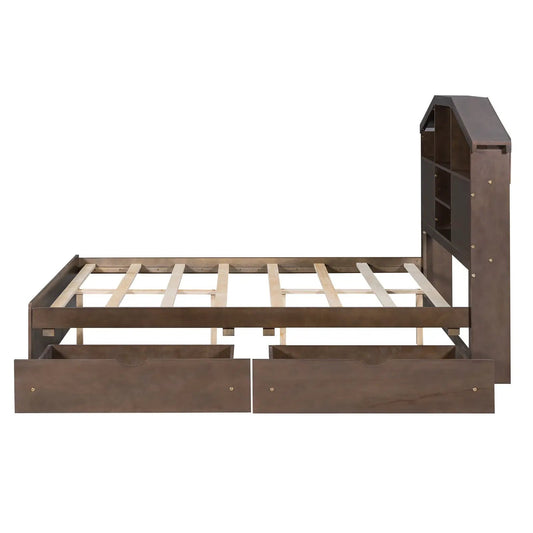 Full wood platform bed with storage headboard, dark brown finish and shelves on Tampa Home & Garden Store