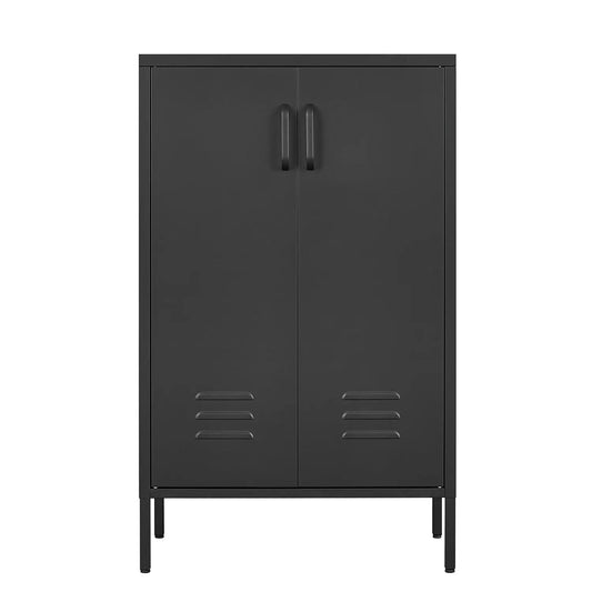 Two-door steel storage cabinet in dark gray with curved handles and vented lower panels on legs on Tampa Home & Garden Store