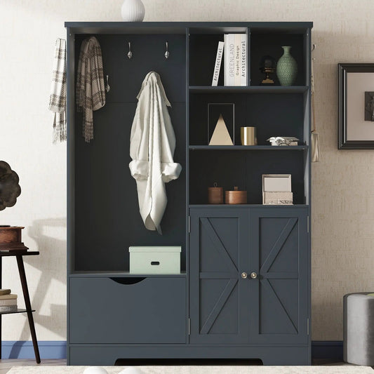 Antique blue hall tree with shelves, drawers, coat hooks and lower storage cabinet on Tampa Home & Garden Store