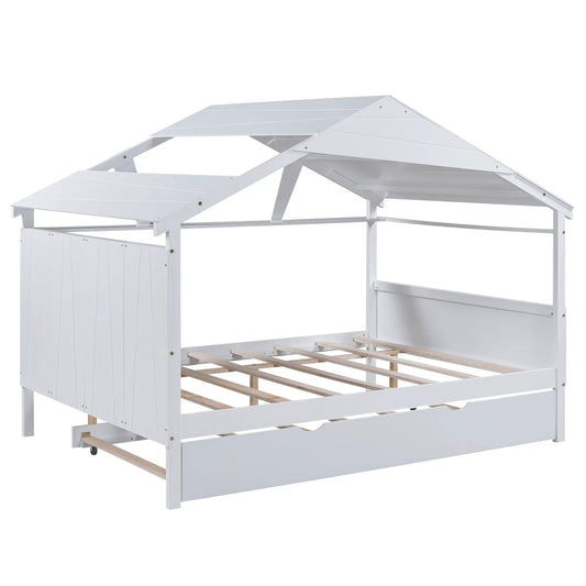 White wood full-size house bed with twin trundle, roofed frame and slatted underbed on Tampa Home & Garden Store