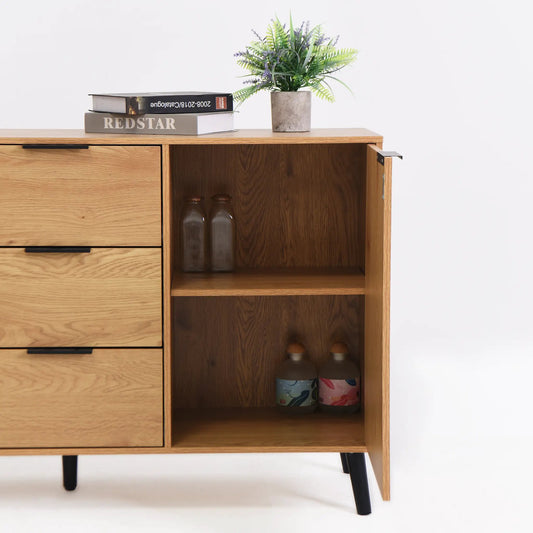 Sideboard Buffet Cabinet with 3 Drawers and open shelf in natural oak finish with black handles on Tampa Home & Garden Store