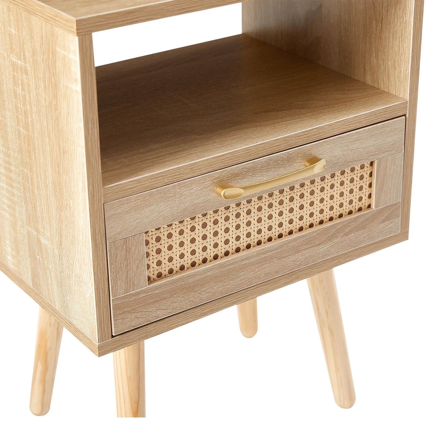 Mesa auxiliar de ratán de 15,75" con tomacorriente y puertos USB Mesita de noche moderna con cajón y patas de madera maciza