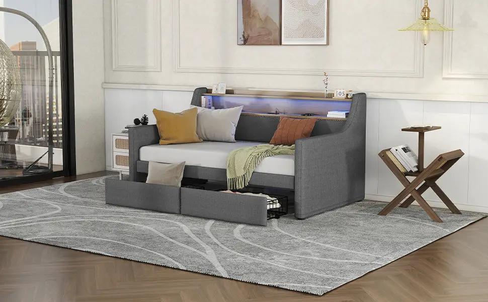Gray linen daybed with storage drawers and LED lighting, VIP Digital Presence on Tampa Home & Garden Store