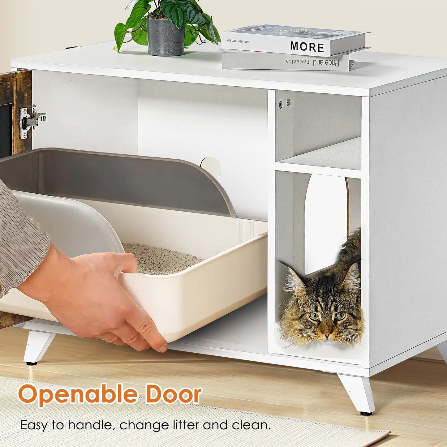 Arenero para gatos oculto, mueble moderno para arenero de gatos con rascador para sala de estar, blanco + vintage
