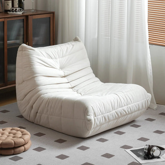 No Installation Bean Bag Chair cream white tufted fabric in living room by a wooden cabinet on Tampa Home & Garden Store