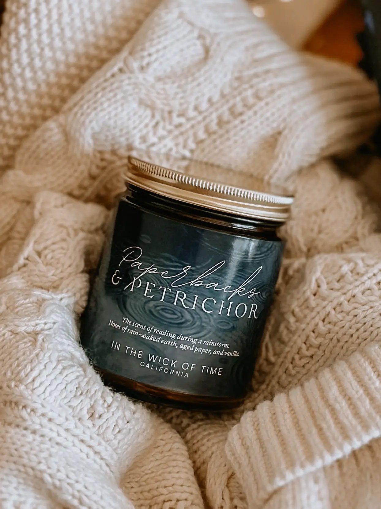 Candle Paperbacks & Petrichor by In the Wick of Time in an amber glass jar with silver lid on Tampa Home & Garden Store