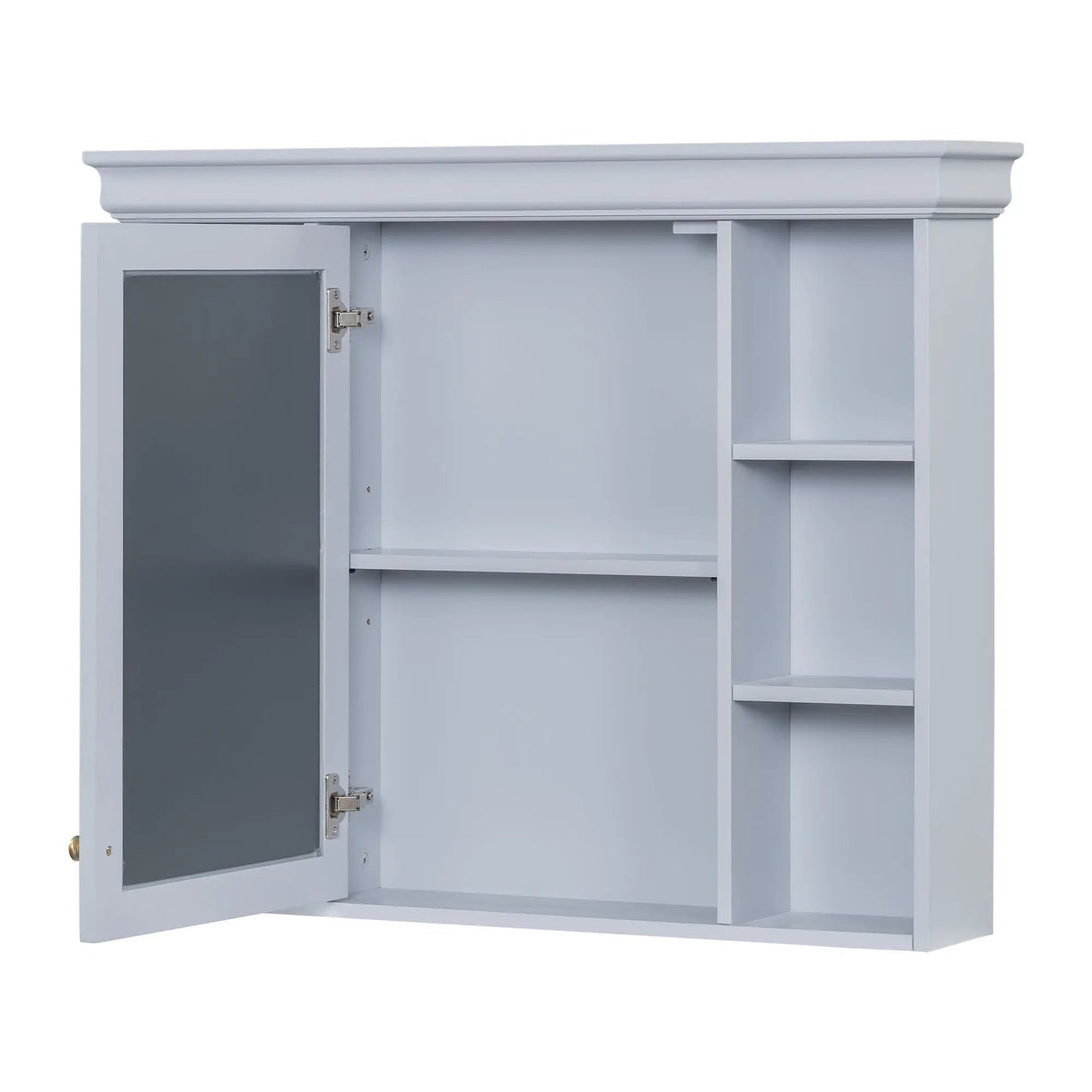 Blue wall mounted bathroom cabinet with mirror; left door open reveals interior shelf on Tampa Home & Garden Store