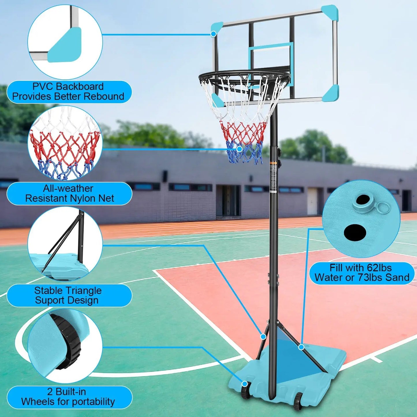 Sistema portátil de canasta de baloncesto con base estable y ruedas para uso en interiores y exteriores, altura ajustable para adolescentes y jóvenes