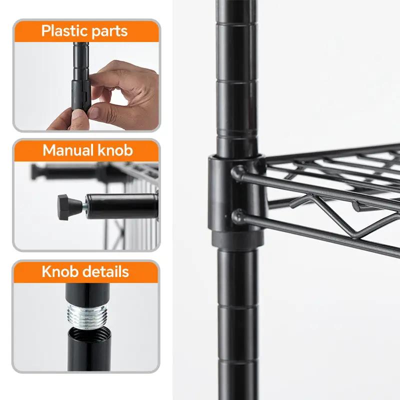 Metal wire storage rack with adjustable shelves, black metal frame and manual knob on Tampa Home & Garden Store
