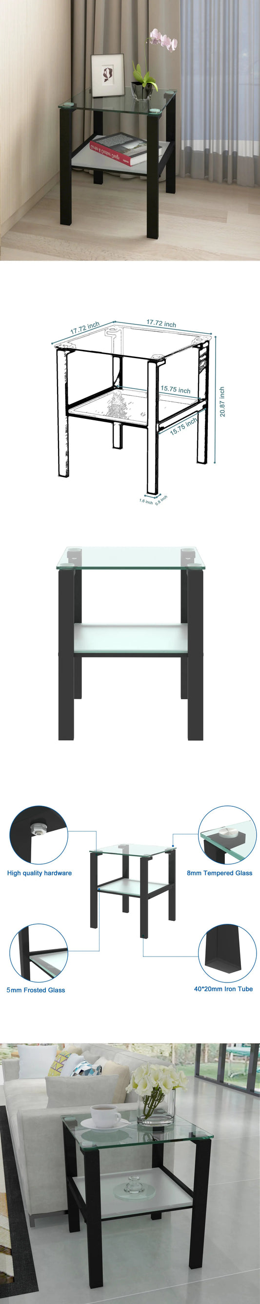 Glass two-layer tea table with black legs, clear top and frosted lower shelf on Tampa Home & Garden Store