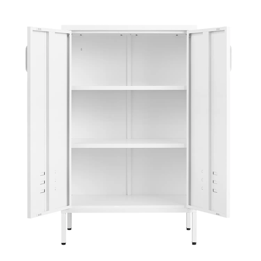 White steel storage cabinet with double doors and multiple interior shelves on Tampa Home & Garden Store