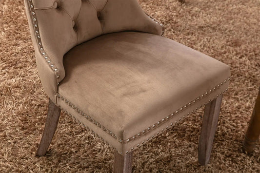 Nikki Modern Tufted Velvet Dining Chair Khaki velvet upholstery, nailhead trim, wooden legs on Tampa Home & Garden Store