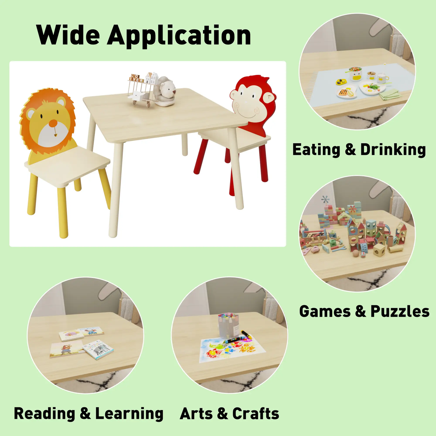 Wooden kids table with two animal-back chairs, lion and monkey backs, toy plane and bear on Tampa Home & Garden Store