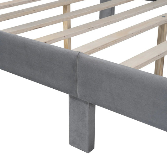 Full size velvet gray bed frame with slatted wooden base and upholstered side rail on Tampa Home & Garden Store