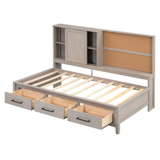 Twin size daybed with storage shelves and 2 large drawers, gray metal frame and wood slat base on Tampa Home & Garden Store