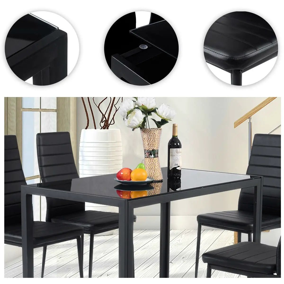 5 Piece Black Glass Tabletop Dining Set With Soft Leather Chairs - Tampa Home & Garden Store