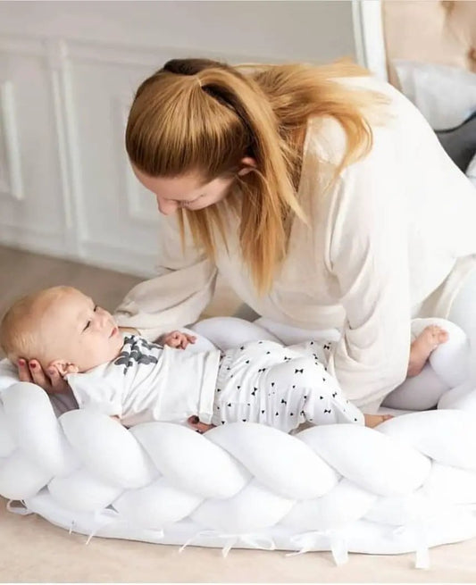 All Cotton Woven Folding Portable Crib with Fence white braided travel crib with baby on Tampa Home & Garden Store