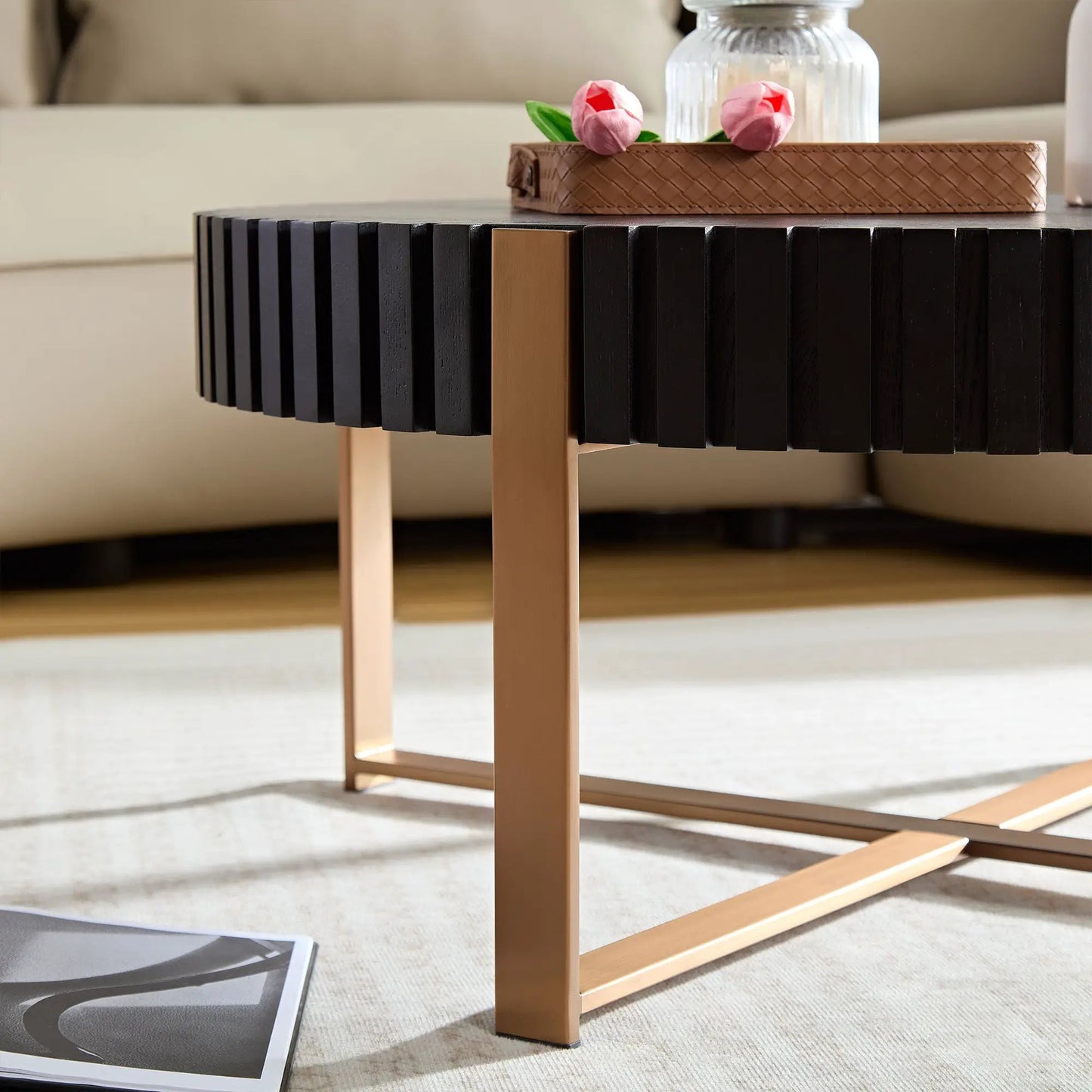 Mesa de centro moderna artesanal con tambor de 31.5 pulgadas, mesa de centro redonda para sala de estar, mesa de centro pequeña con pedestal resistente, negra