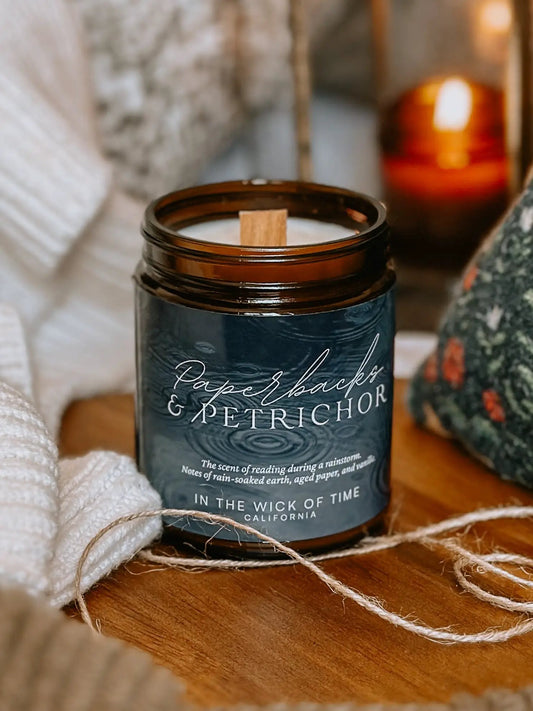 Paperbacks & Petrichor candle in dark brown jar with wooden wick by In the Wick of Time on Tampa Home & Garden Store