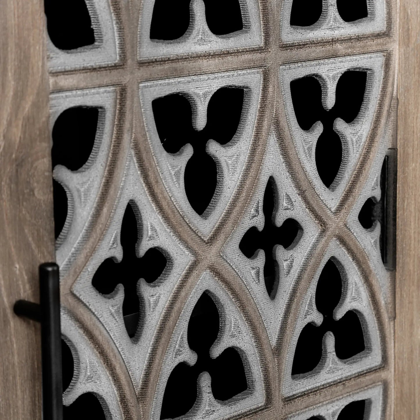 Hollow Four Door Antique Cabinet front panel with lattice cutouts in gray metal over wood frame on Tampa Home & Garden Store