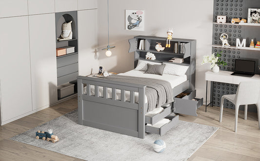 Twin Size Captain Platform Bed Frame with Storage Bookcases and Shelves,Four Drawers, Gray - Tampa Home & Garden Store