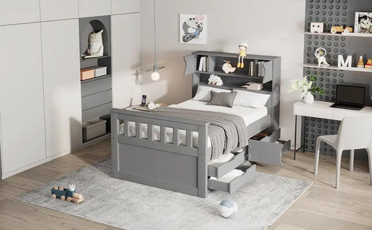 Twin captain platform bed gray finish with built-in bookcase headboard and storage drawers on Tampa Home & Garden Store