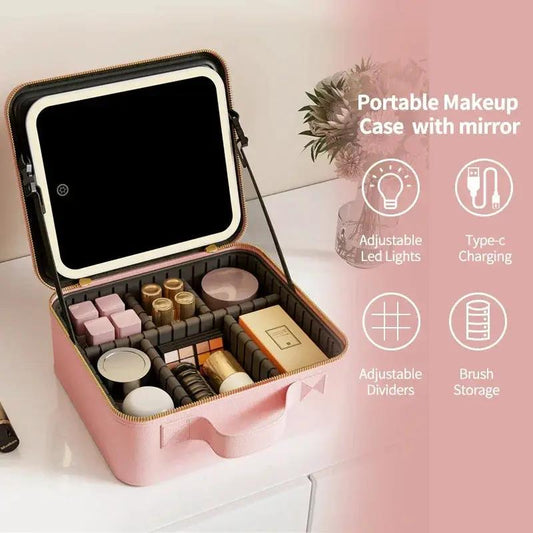 Light Up Box Vanity Organizer portable LED mirror pink makeup case with adjustable dividers on Tampa Home & Garden Store