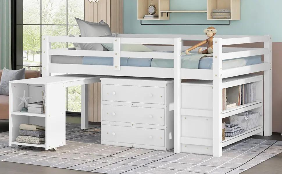 Low Study Loft Bed with Shelves and Desk, white frame with built-in desk and drawers on Tampa Home & Garden Store
