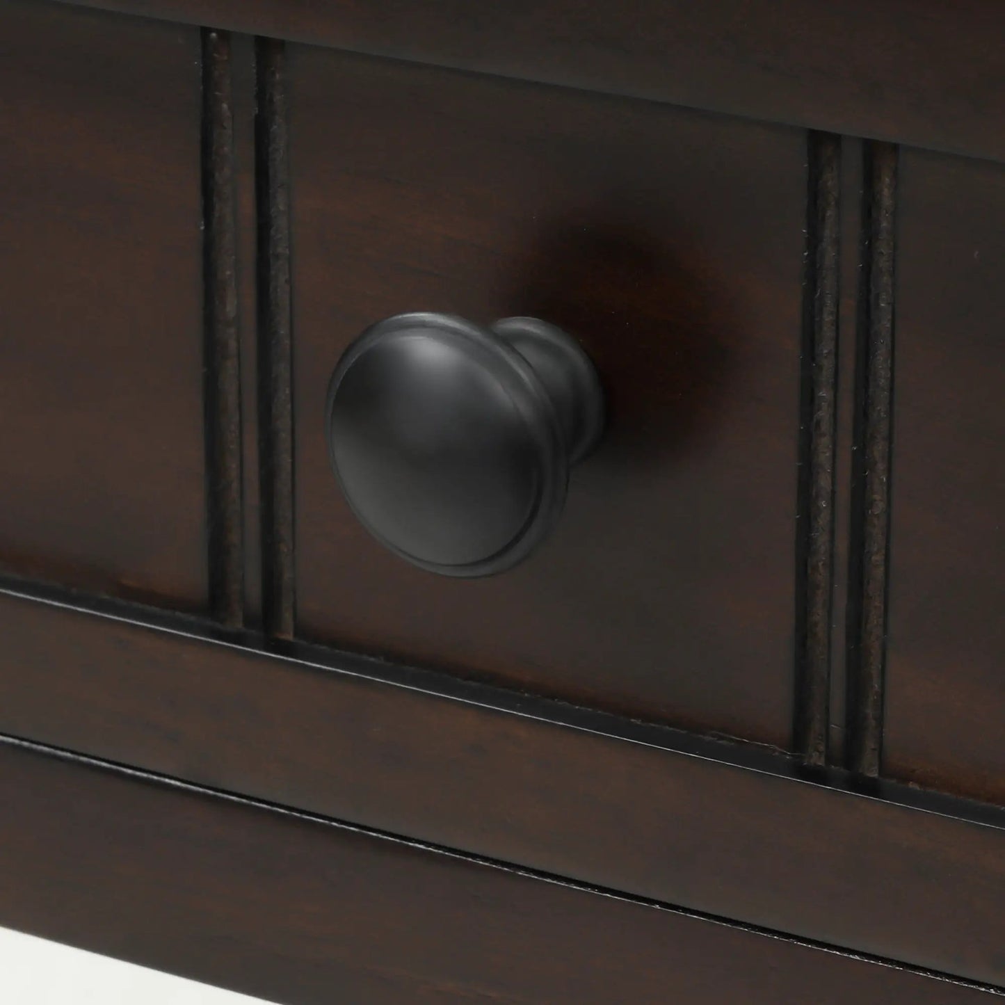 Trexm Espresso Console Table drawer knob close-up on dark espresso wood with storage drawers on Tampa Home & Garden Store