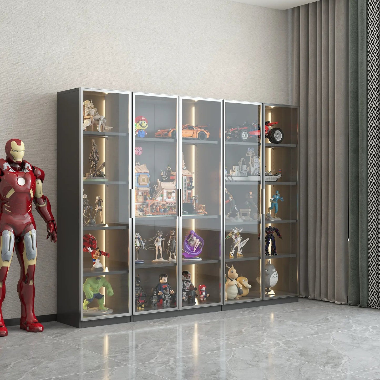 Gray metal single door display cabinet; row of five glass-front cases with interior lighting on Tampa Home & Garden Store