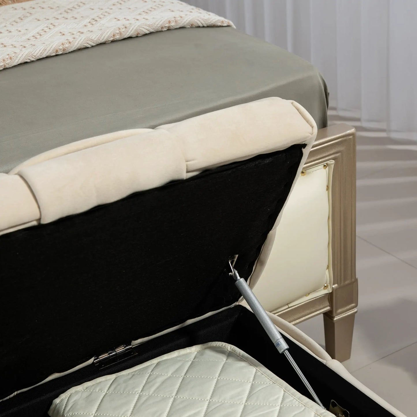 Coolmor storage ottoman bench beige fabric with hidden interior storage at bed end on Tampa Home & Garden Store